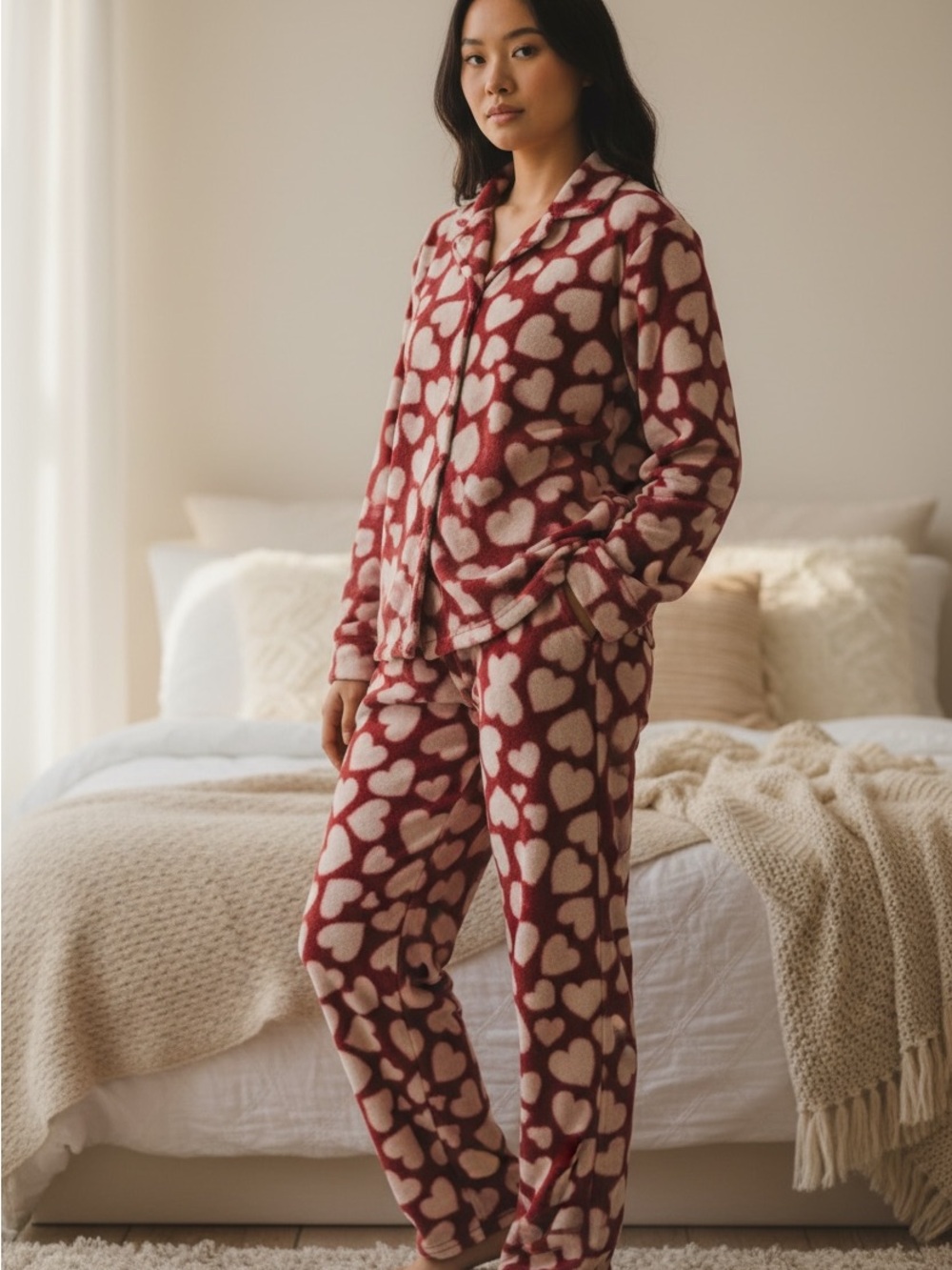 H&M Heart Print Fleece Pajama Set